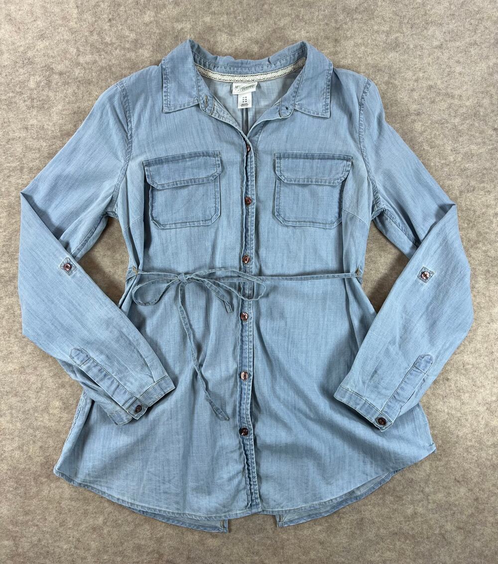 Motherhood Maternity Convertible Sleeve Button Detail Tunic Top Denim Chambray M